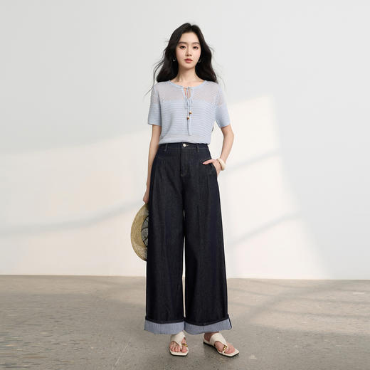 三彩2026春季新款休闲裤复古水洗牛仔裤宽松收腰阔腿裤长裤M 商品图1