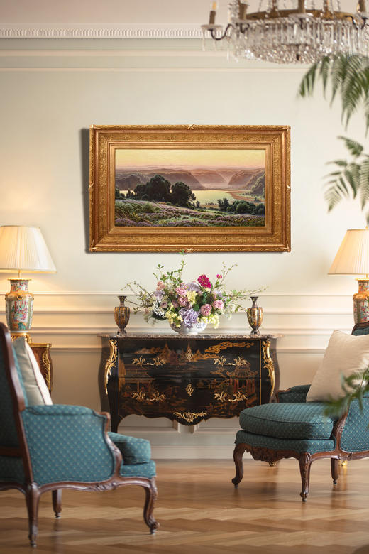 独角鹿西洋古董19世纪晚期法国自然主义画家 William Didier-Pouget 出品《尚布利湖清晨风景》主题油画 商品图0