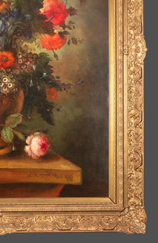 独角鹿西洋古董20世纪法国画家L. Martin签名出品大型花卉静物布面油画 商品图2