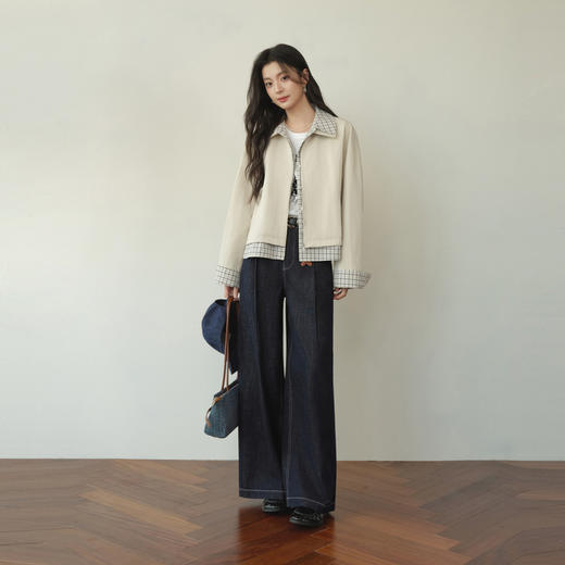 【严选】诗凡黎浅卡其格纹拼接短款风衣2026春新款微宽松简约休闲百搭外套7H2260161 商品图1