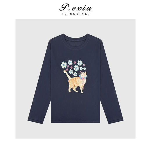 04-6潘依绣丁丁宠粉减龄百搭撒花猫咪印花圆领长袖T恤Q95741 商品图0