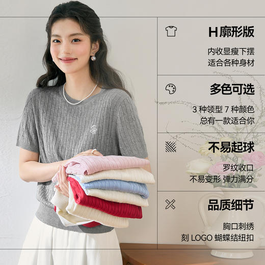 【严选】诗凡黎莱赛尔POLO领绞花针织衫25夏新款设计感薄款圆领短袖开衫女7G3331851 商品图3