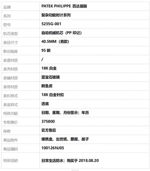 【95新】PATEK PHILIPPE 百达翡丽5235G-001自动机械机芯（PP印记）日期、星期、月份显示；年历 40.5MM（男款）复杂功能时计系列 18K白金100126NJ05 商品图11