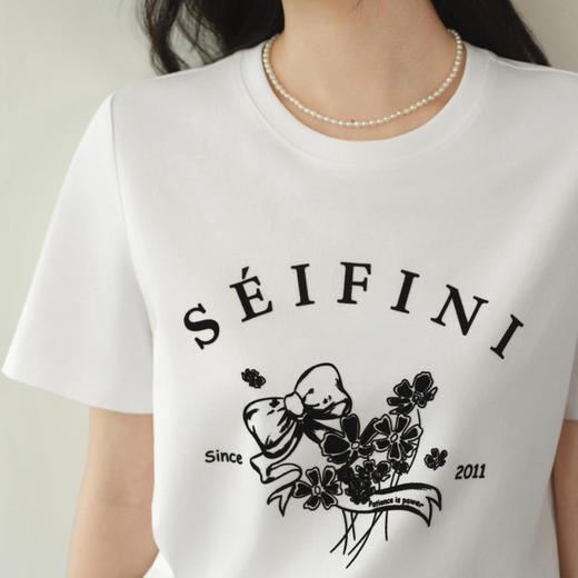 【严选】诗凡黎植绒印花正肩棉T恤2026春新款百搭宽松显瘦休闲内搭短袖女7H2200191 商品图3