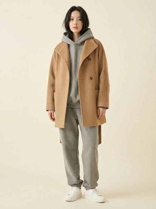 一粒扣立领简约珠边双面手工大衣（附腰带） 商品图3