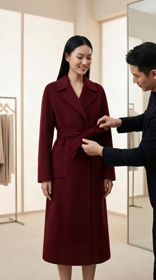 AN 侧开叉翻领两大包双面手工大衣（附腰带） 商品图7