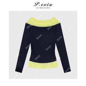 04-6潘依绣丁丁宠粉气质显瘦撞色拼接一字领长袖上衣Q6984