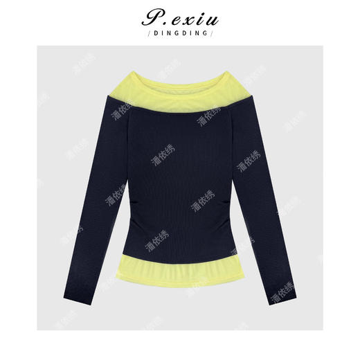 04-6潘依绣丁丁宠粉气质显瘦撞色拼接一字领长袖上衣Q6984 商品图0