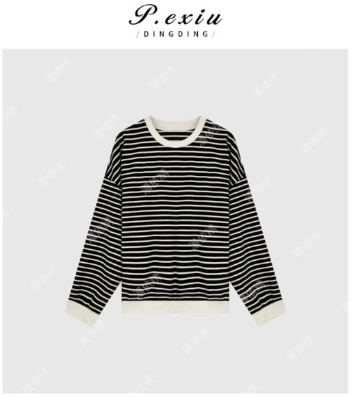 04-1潘依绣丁丁宠粉夏季新款长袖宽松百搭黑白条纹上衣 商品图0