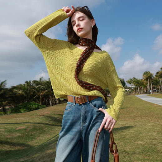 三彩2026春季新款宽松一字领针织衫轻盈肌理感套头毛衫长袖气质M 商品图3