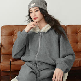 【严选】诗凡黎不可拆卸连帽毛领宽松型两件套加绒卫衣套装时髦弯刀裤26春7H2291001