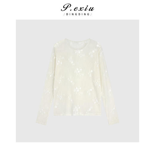 04-1潘依绣丁丁宠粉法式优雅花朵网纱圆领长袖上衣Q6857 商品图0