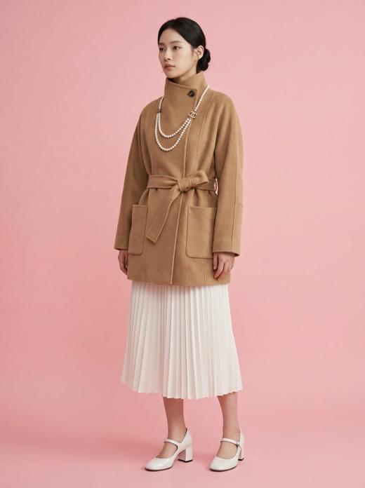 一粒扣立领简约珠边双面手工大衣（附腰带） 商品图0