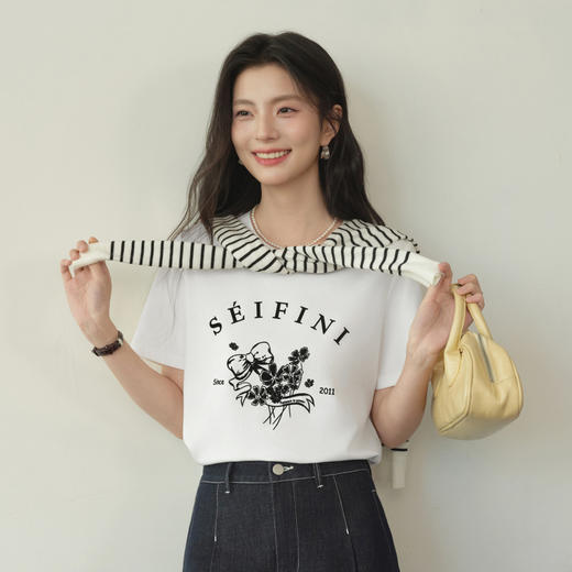 【严选】诗凡黎植绒印花正肩棉T恤2026春新款百搭宽松显瘦休闲内搭短袖女7H2200191 商品图2