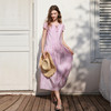 三彩2026春季新款度假风樱花粉连衣裙褶皱大摆圆领系带长裙M 商品缩略图1