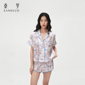 时髦印花』桑罗短袖睡衣套装桑蚕丝女休闲家居服可外穿
