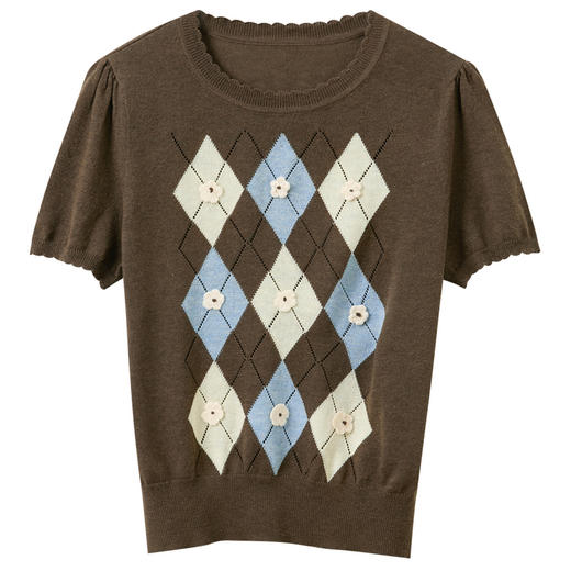 三彩2026春季新款立体花朵圆领短袖针织衫菱格纹毛衫短款套头M 商品图4