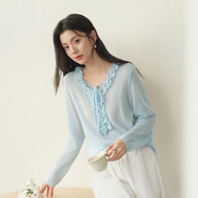 【严选】诗凡黎浪漫木耳边绑带V领针织衫2026春新款宽松微透气质长袖上衣7H2230411