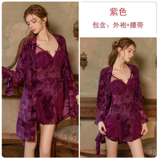 【YW】无忧购网纱植绒拼接性感收腰绑带蝴蝶印花可拆胸垫睡裙家居套装6038（截单后3-5天发货) 商品图5