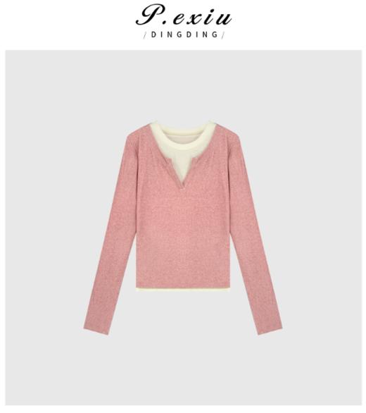 04-1潘依绣丁丁宠粉韩系假两件修身通勤百搭长袖T恤 Q23022 商品图0