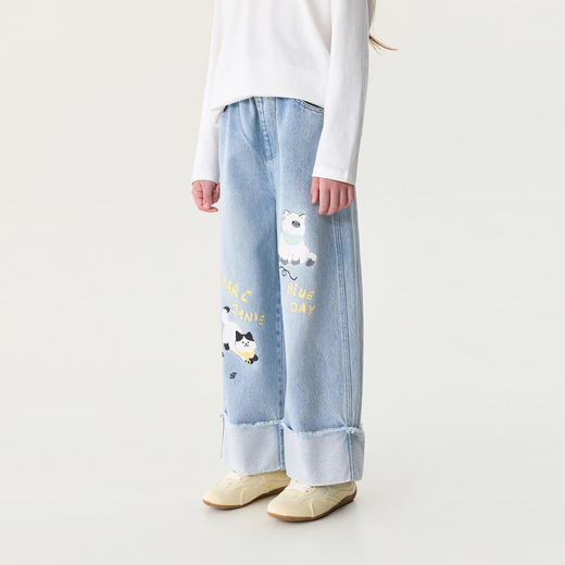 马克珍妮奇趣猫咪女童牛仔卷边阔腿裤2026年春装新款560175 商品图1