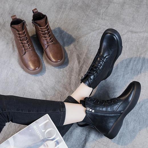 新款马丁靴女大码平底百搭牛皮女鞋短靴女英伦复古厚底棉 商品图1