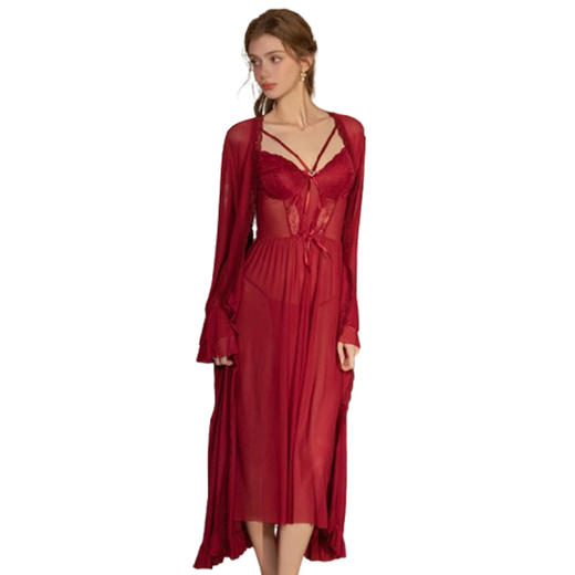 【YW】无忧购情趣内衣性感蝴蝶结点缀纯欲前开叉睡裙外袍套装6751（截单后3-5天发货) 商品图4