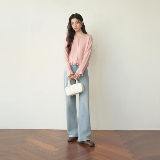 【严选】诗凡黎莱赛尔木耳边针织开衫2026春新款粉色温柔氛围感长袖上衣女7H2230391 商品图1