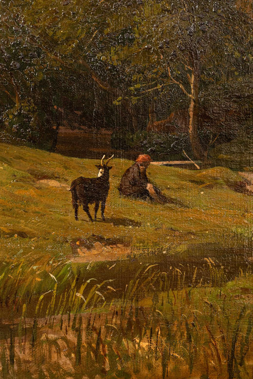 独角鹿西洋古董19世纪德国画家Fritz Daegling签名出品大型风景主题布面油画《人物与动物山水》 商品图11