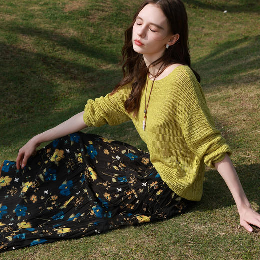 三彩2026春季新款复古压褶碎花裙高腰半身裙长裙大摆A字裙垂感M 商品图2