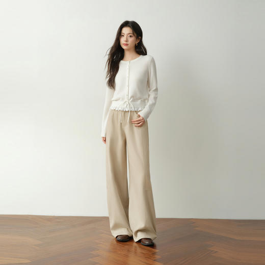 【严选】诗凡黎花边拼接绵羊毛针织开衫2026春新款系带收腰珍珠扣柔软毛衣7H2231111 商品图1