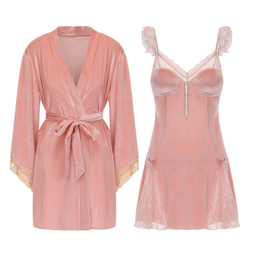 【YW】无忧购丝绒纽扣装饰深V加胸垫蕾丝睡裙外袍家居服套装C4260（截单后3-5天发货) 商品图6