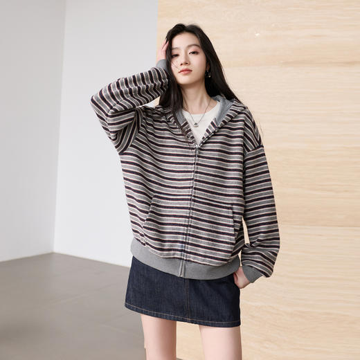 三彩2026春季新款连帽拉链条纹外套松弛开衫宽松休闲落肩袖M 商品图2