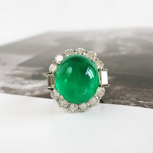 【天然正品】PT900传世级铂金豪镶钻镶天然微油哥伦比亚16.22克拉蛋面木佐绿祖母绿戒指蛋面：15.5*14.0MM（皆取最大值）14号（戒圈可改）190126NJ38 商品图3