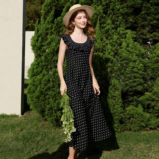 三彩2026春季新款法式复古波点裙V领收腰A字裙两穿连衣裙长裙M 商品图3