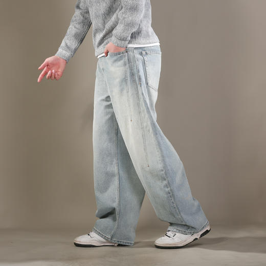 DRONKOO 2026 内抽绳半松紧前长短破骨复古洗水中厚牛仔长裤 商品图1