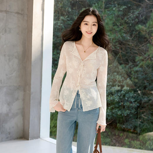 三彩2026春季新款修身长袖V领蕾丝衫法式衬衣套头小衫气质上衣S 商品图2