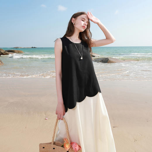 三彩2026春季新款圆领背心裙假两件拼接A字裙连衣裙简约长裙M 商品图3
