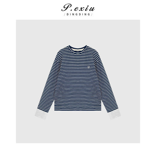 04-1潘依绣丁丁宠粉100棉原创设计蓝白条撞色拼接袖圆领T恤 W-61922 商品图1