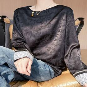 【圆领衬衫女新中式】素雅提花休闲 春秋新款气质奢华缎面打底衬衣 