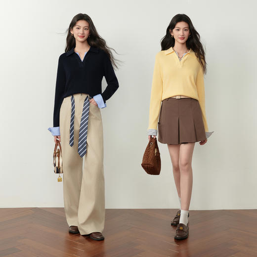 【严选】诗凡黎绵羊毛针梭拼假两件海鸥领针织衫26春新款撞色拼接套头毛衣7H3431371 商品图1