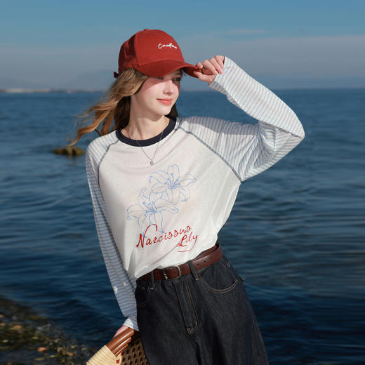 【莱赛尔】三彩2026春季新款休闲宽松T恤条纹插肩袖印花套头衫M 商品图1