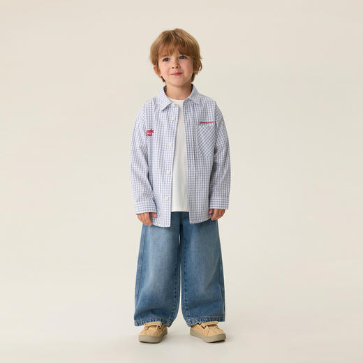 马克珍妮休闲复古男童纯棉格纹衬衫2026年春装新款560215 商品图1