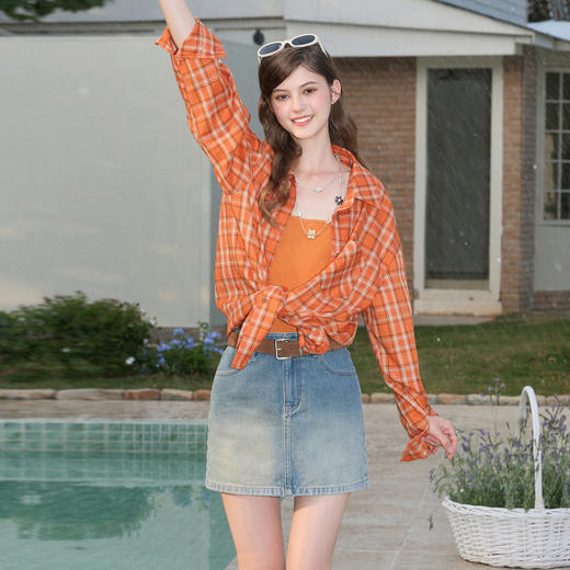 三彩独醒2026春季新款格纹衬衫口袋翻领宽松衬衣中长甜酷F 商品图3