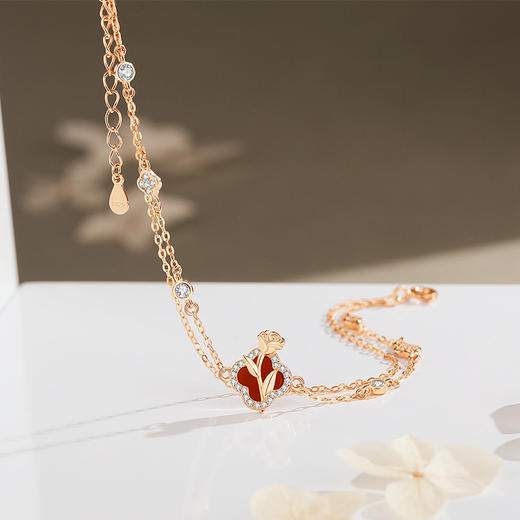 【幸运玫瑰】925纯银四叶草玫瑰花红玛瑙双层手链【JHY-A000424M】 商品图1