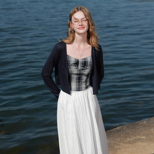 【莱赛尔】三彩2026春季新款开衫两件套长袖上衣格纹吊带套装M 商品图2