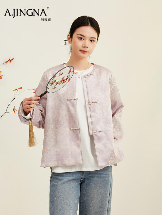 【新中式】阿菁娜春季新款新中式苏绣牡丹桑蚕丝外套金属盘扣点缀明代团领彰显东方美学F31C207001 商品图0