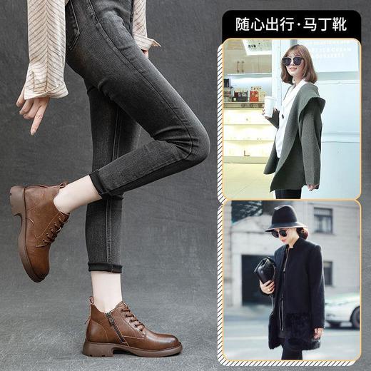 真皮马丁靴女英伦风复古短靴子百搭平底短靴圆头粗跟休闲女鞋 商品图3
