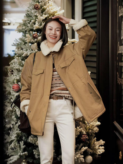 小禾超火洋气巴恩风羊羔毛领全棉斜纹派克棉服 商品图3