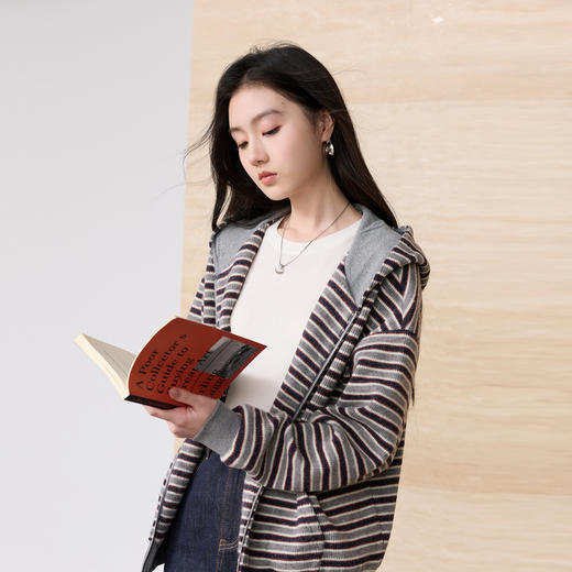 三彩2026春季新款连帽拉链条纹外套松弛开衫宽松休闲落肩袖M 商品图3